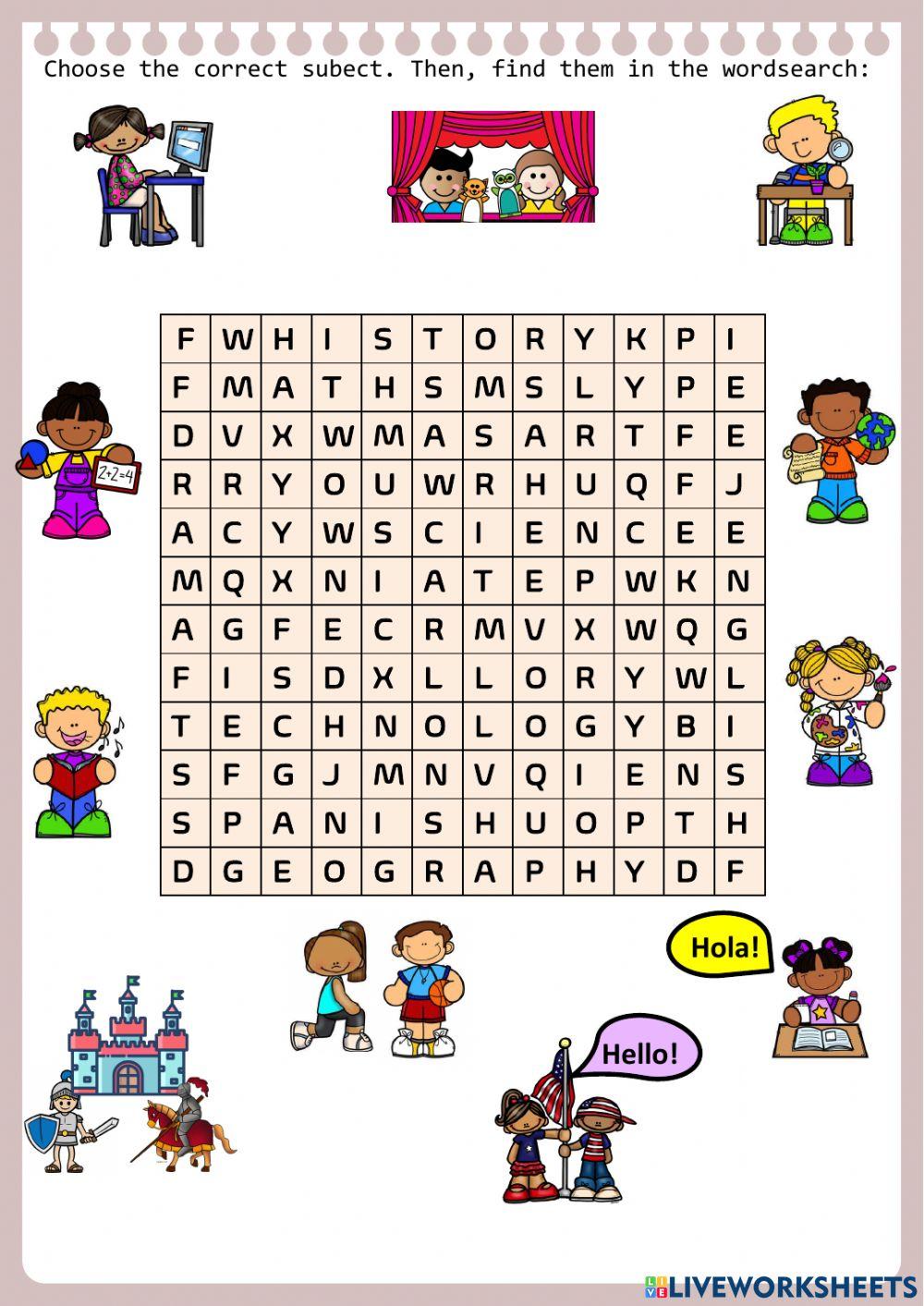 School subjects wordsearch