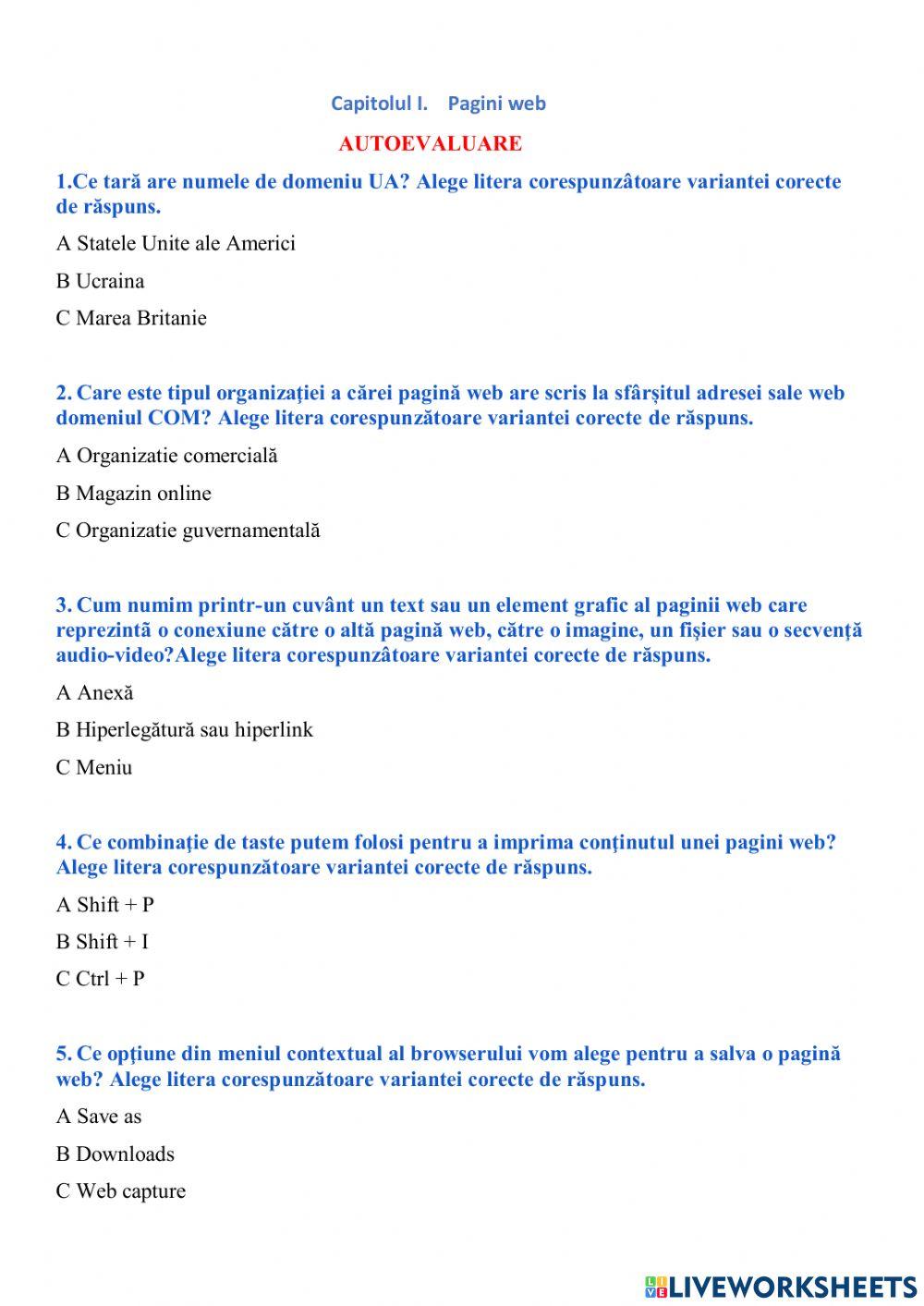 Capitolul I.    Pagini web.    Autoevaluare