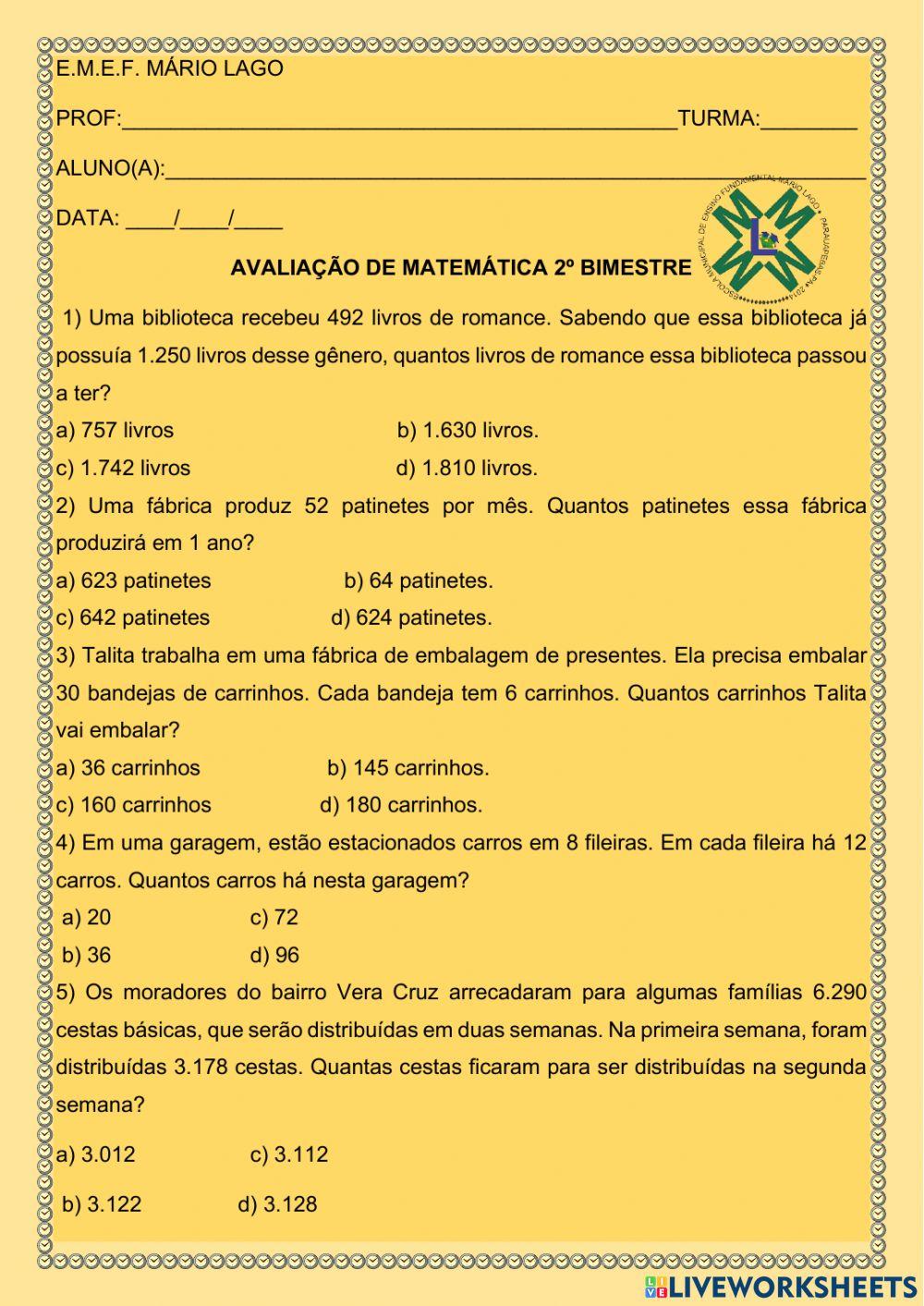 Avaliação de matemática 2º bimestre