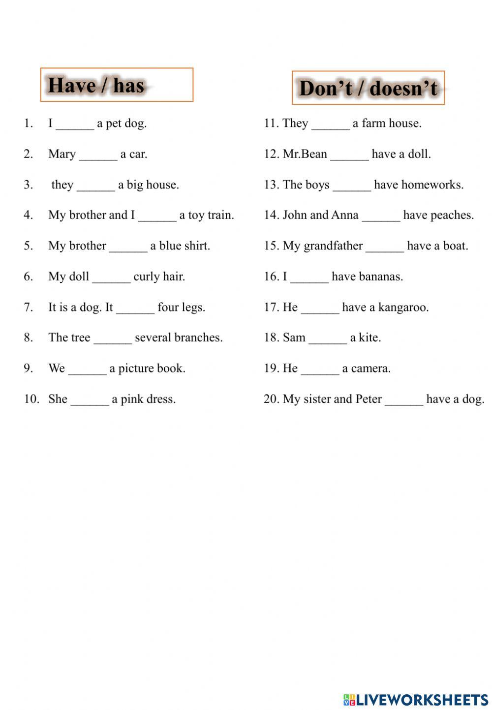 Do does am is are have has online exercise for live worksheets