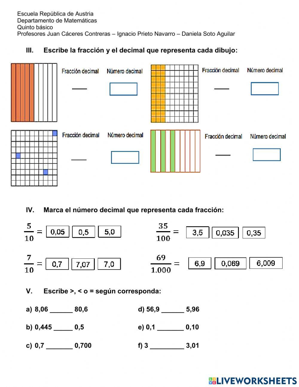 Evaluacion decimales 5°