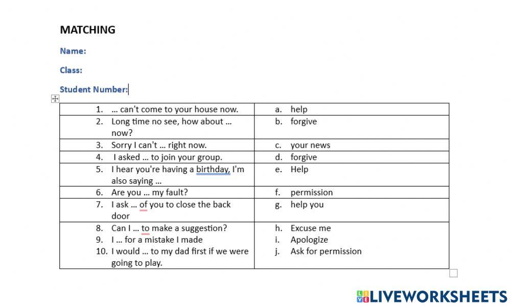 Matching type online pdf exercise for 7 | Live Worksheets