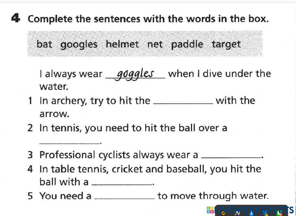 Sports accessories vocabulary gap fillings by Teacher Kasim