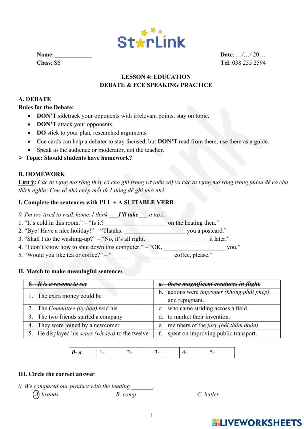 Foreign Teacher-S6-WEEK 4-LESSON 4-DEBATE & FCE SPEAKING PRACTICE