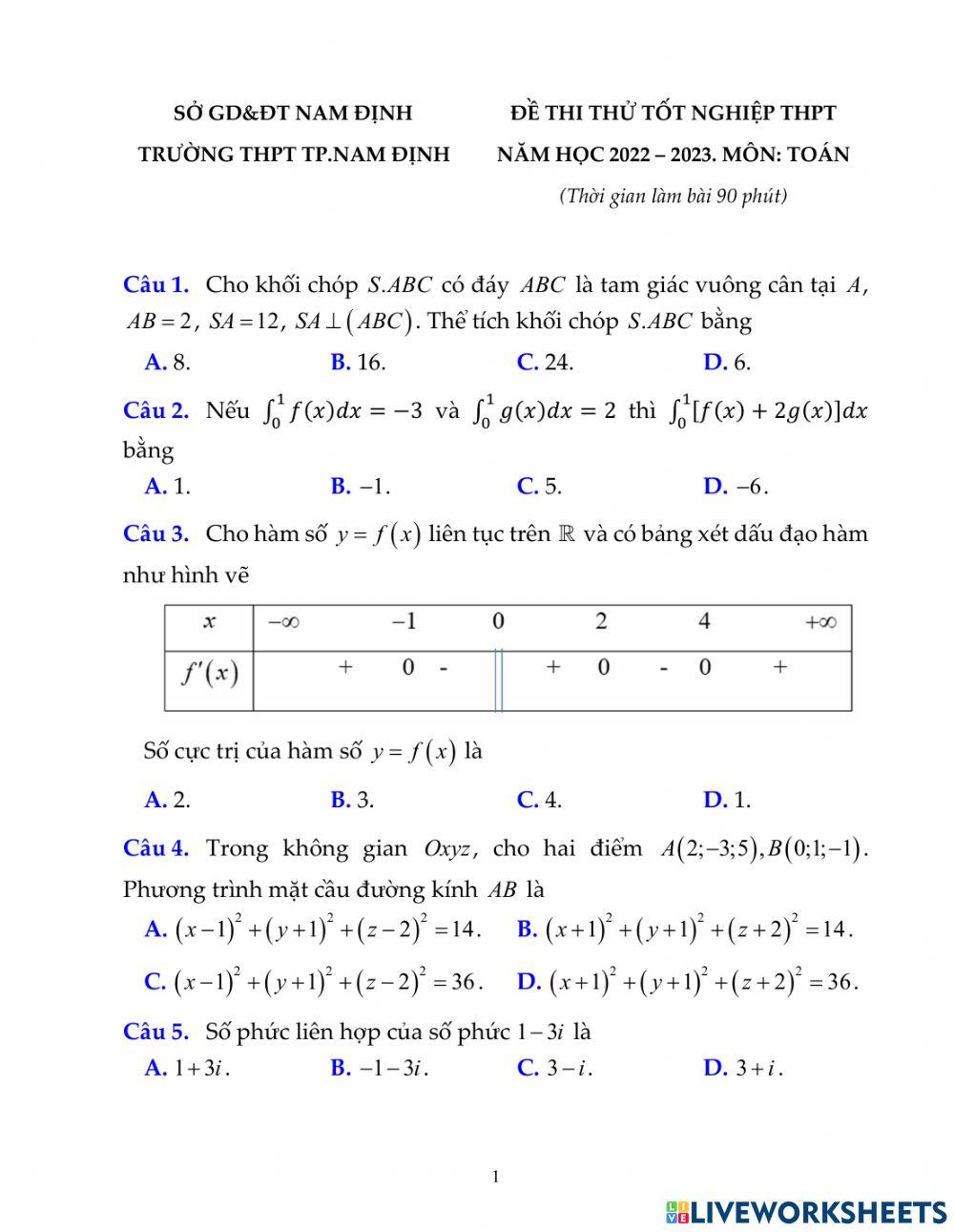 Đề 7 - On thi TN THPT 2023 - Toán