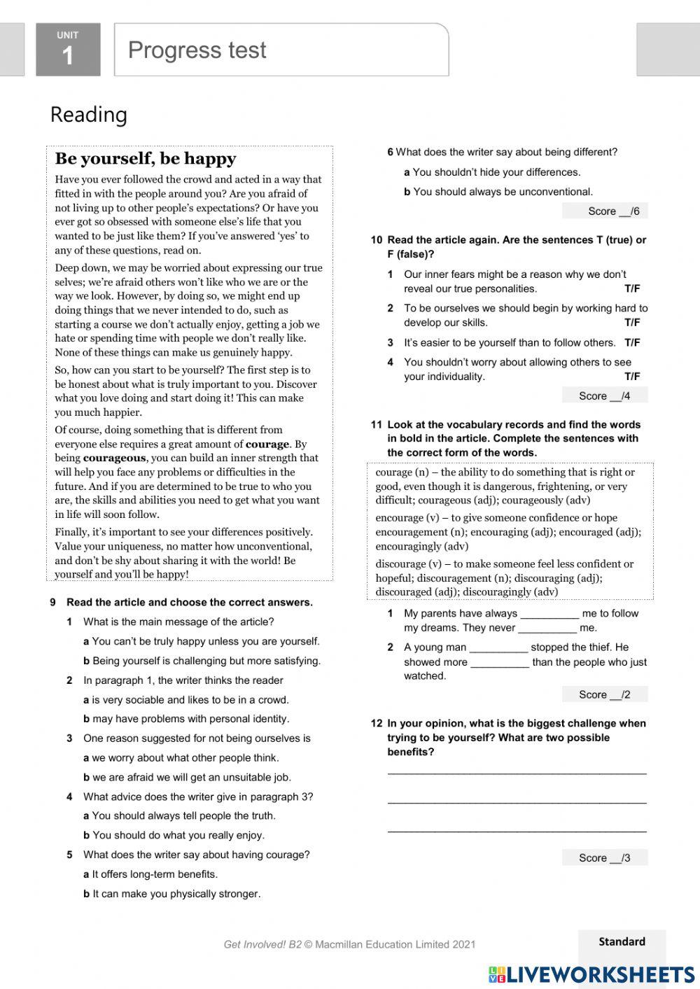 B2 Unit 1 Progress test