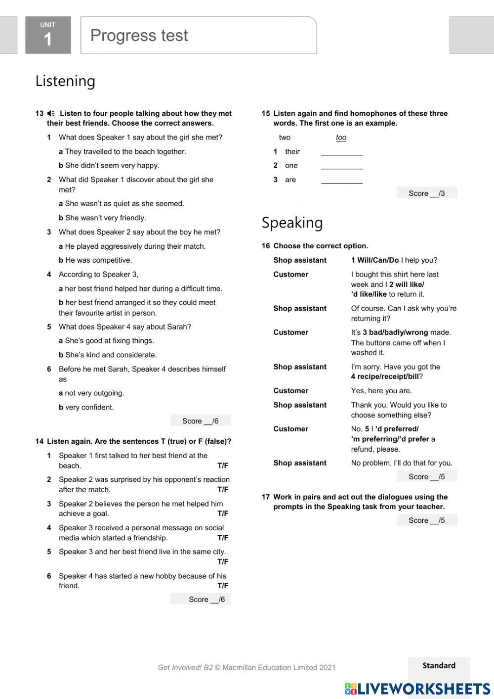 B2 Unit 1 Progress test