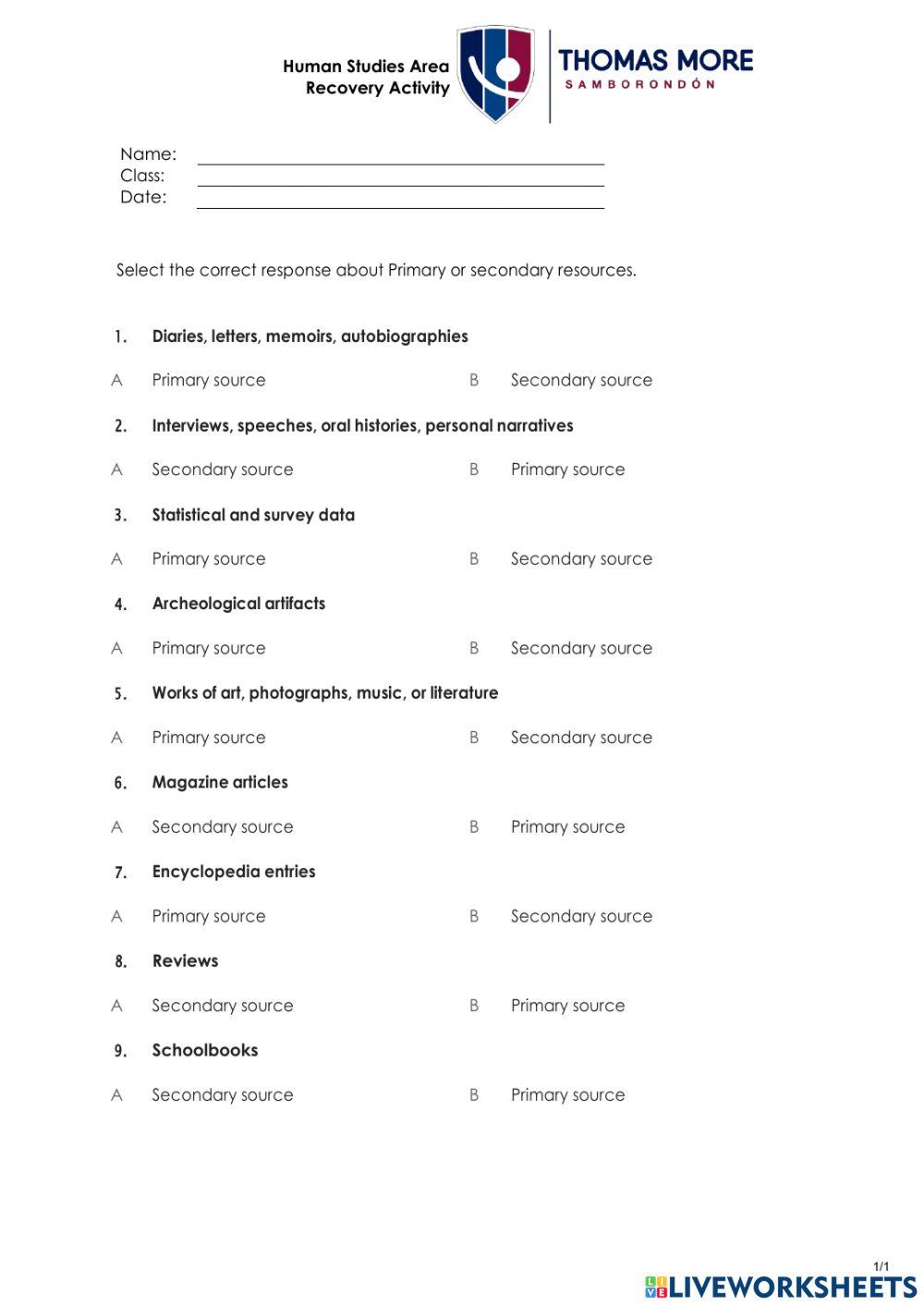 Human Studies Recovery 1 - Primary and Seconday Sources