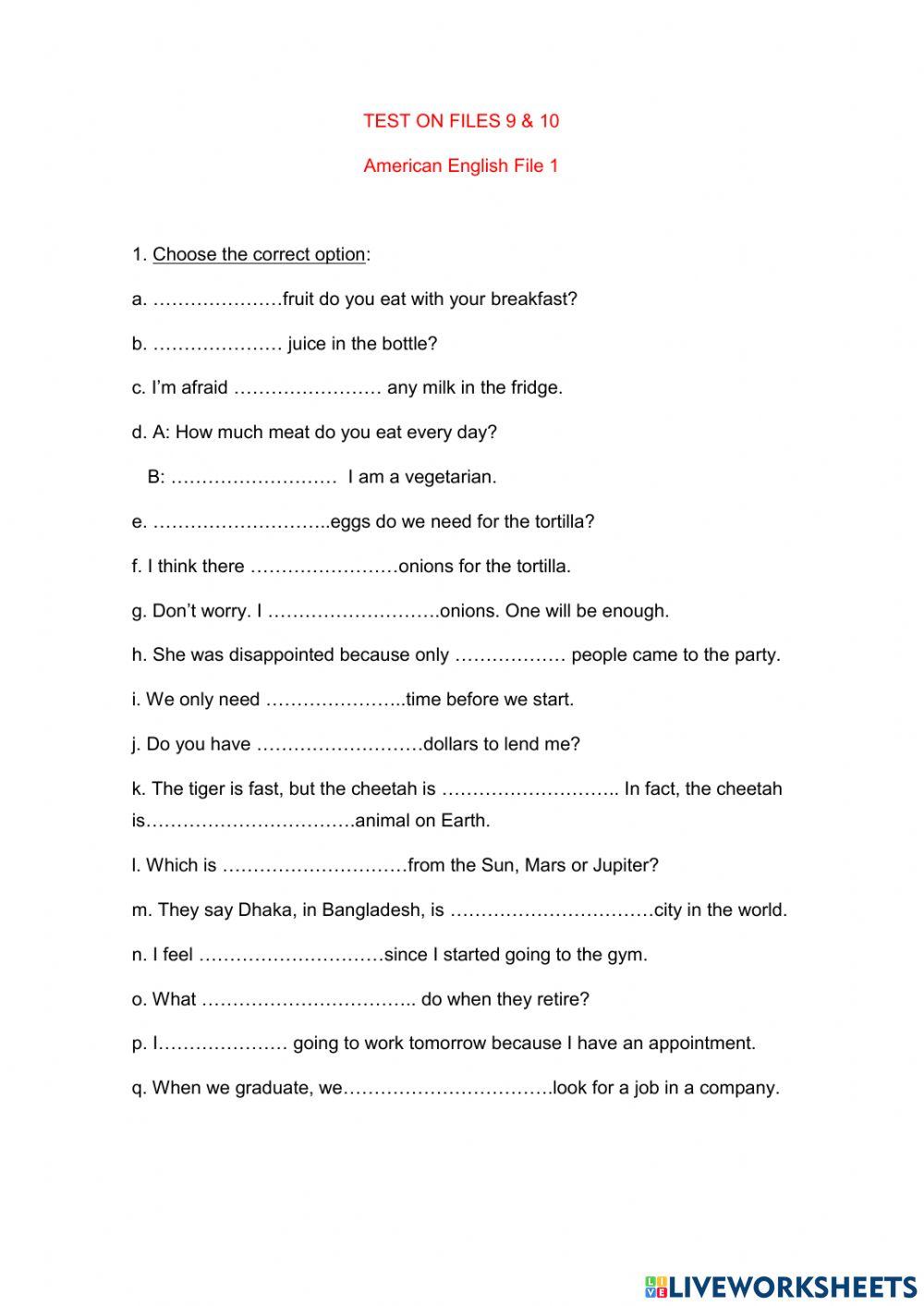 Test on Files 9 and 10 American English File 1