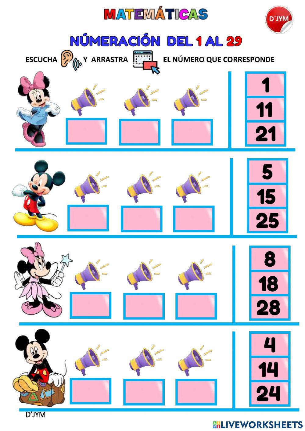 Numeración del 1 al 29