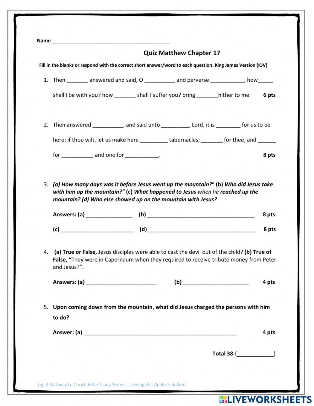 Pathway to Christ Bible Study Series Matthew Chapter 17 Quiz KJV