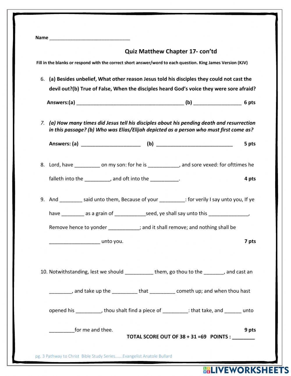 Pathway to Christ Bible Study Series Matthew Chapter 17 Quiz KJV