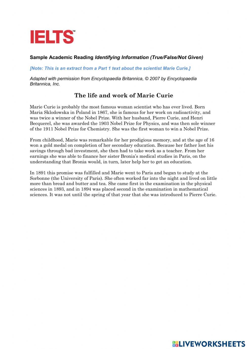 Ielts reading identifying information true false not