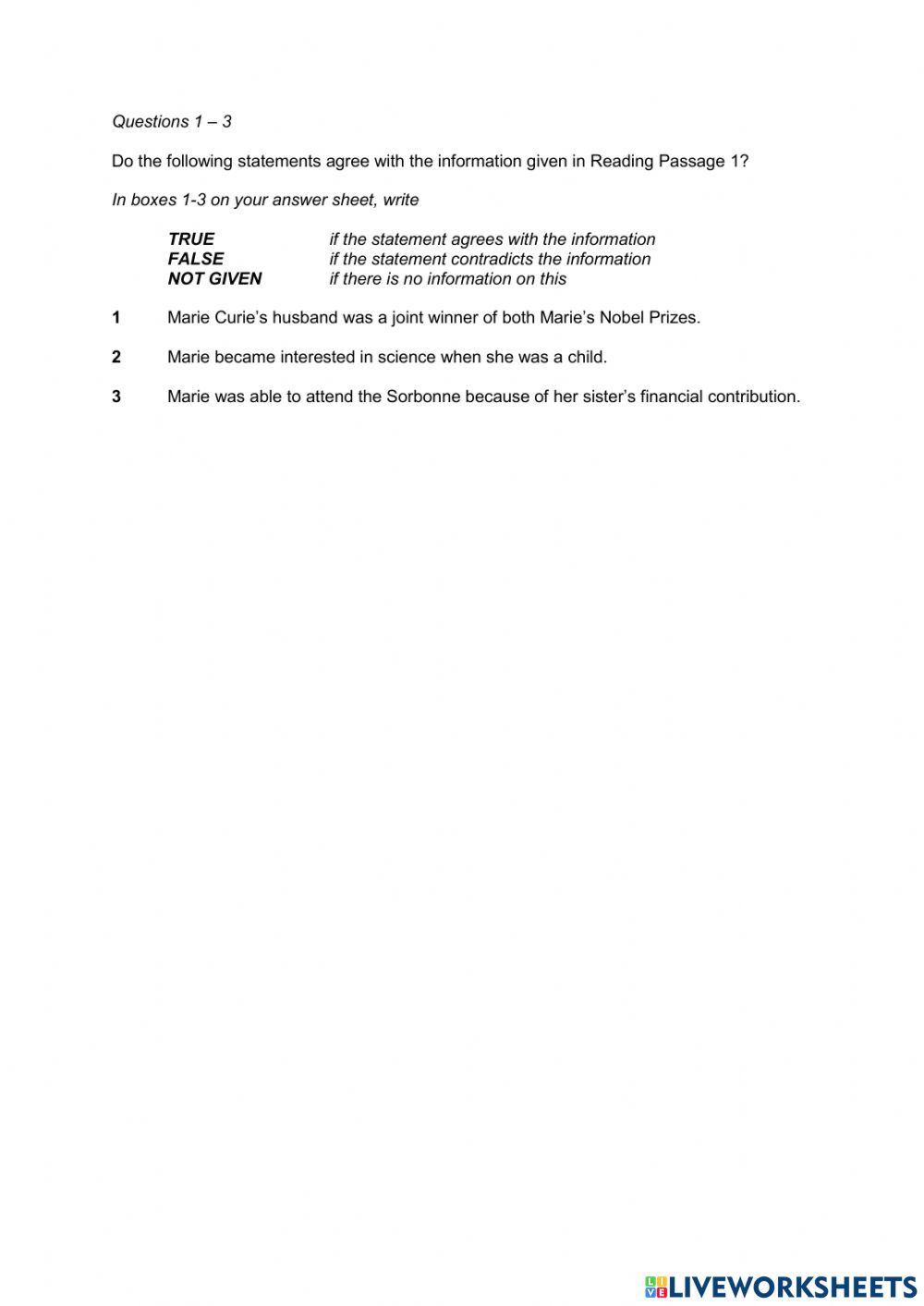 Ielts reading identifying information true false not