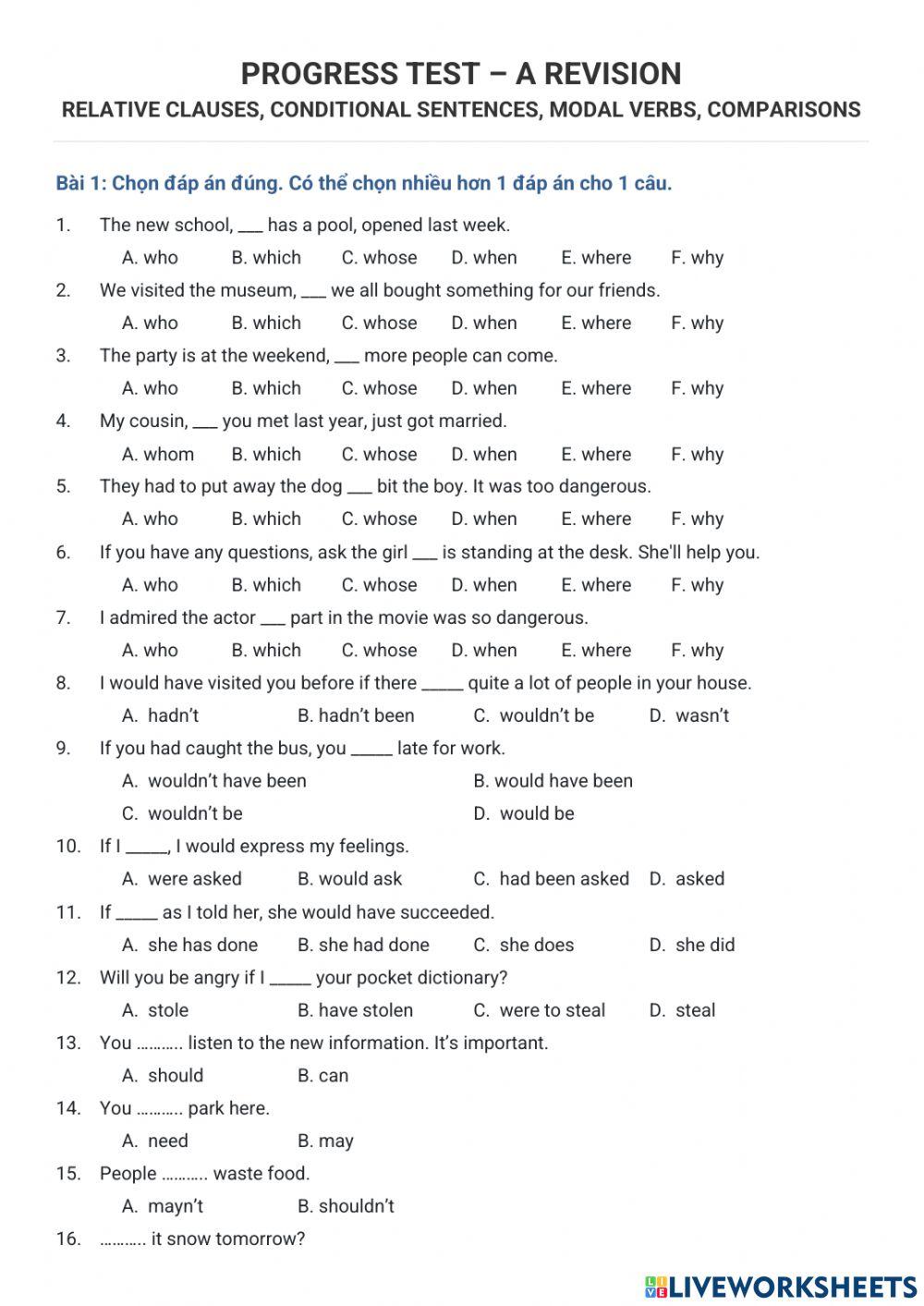 Ôn tập test 1 mdqh, cđk, modal verbsa