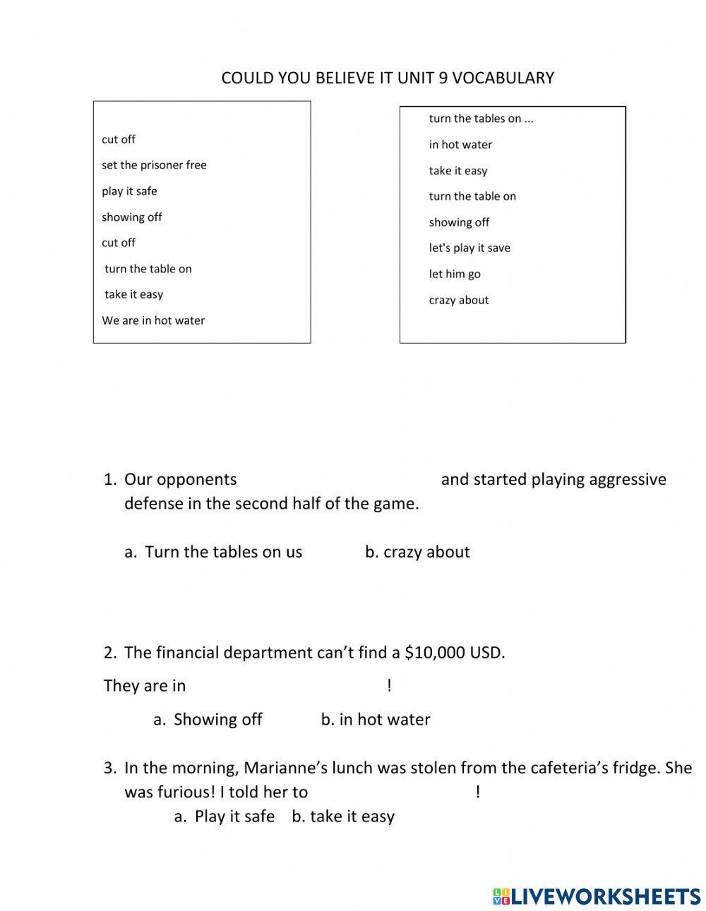 Could you believe it vocabulary 9