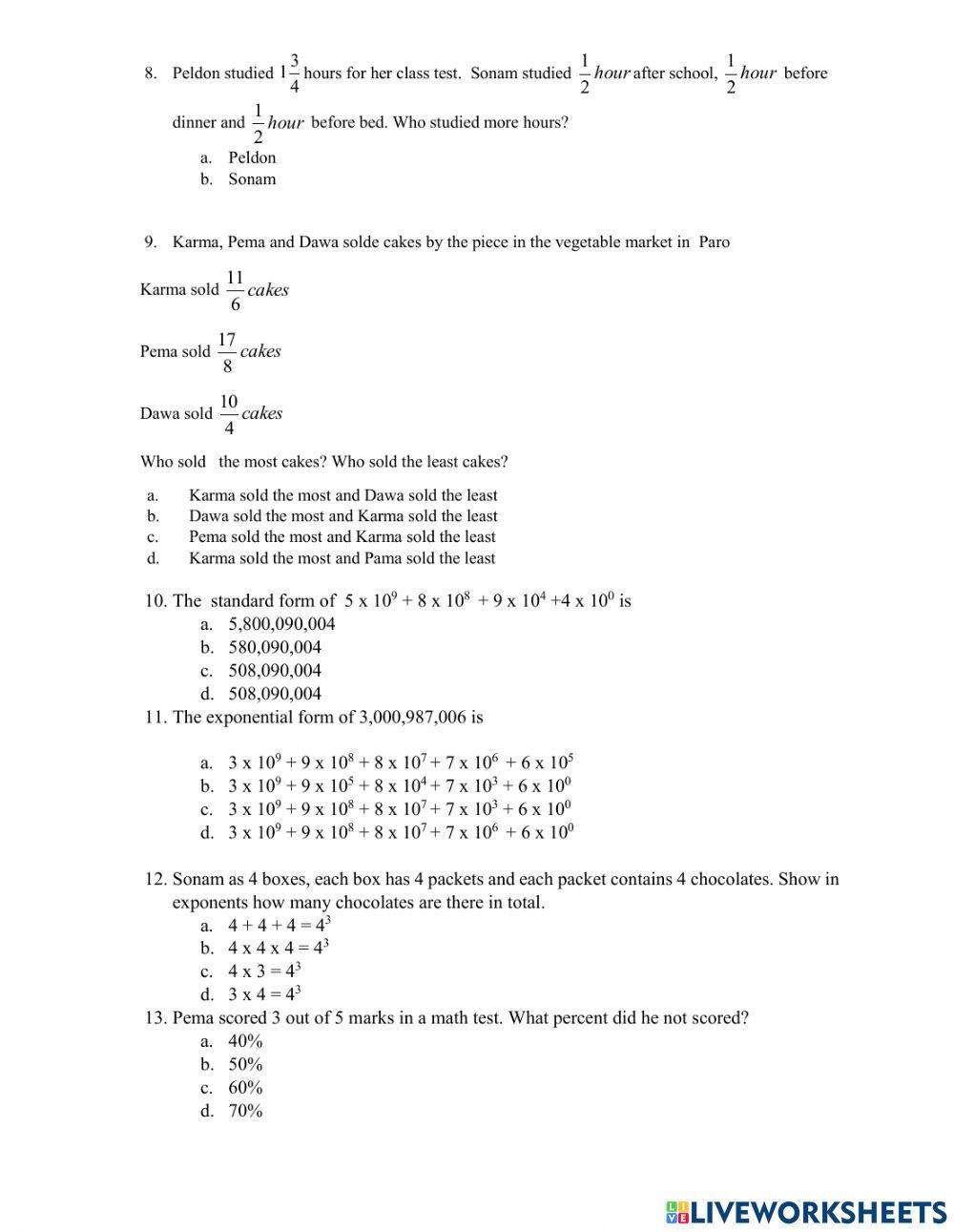 Worksheet online exercise for vii | Live Worksheets