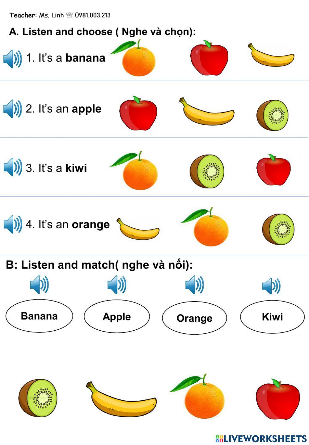 B2.6 Fruits ( Apple, kiwi, orange, banana) worksheet | Live Worksheets
