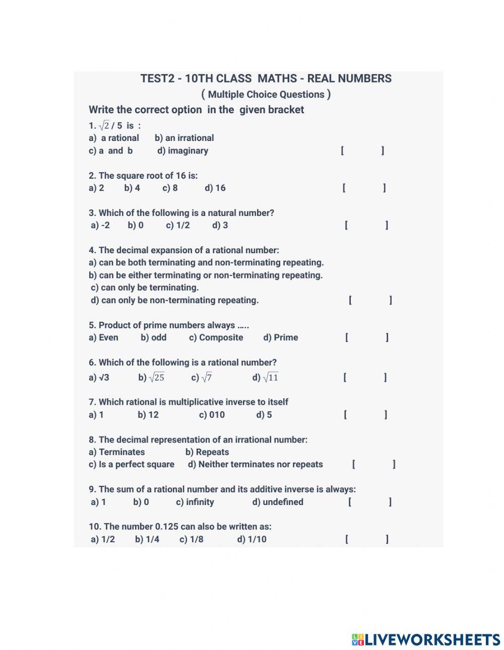 MCQ- TEST2- 10th Mathematics - Real numbers