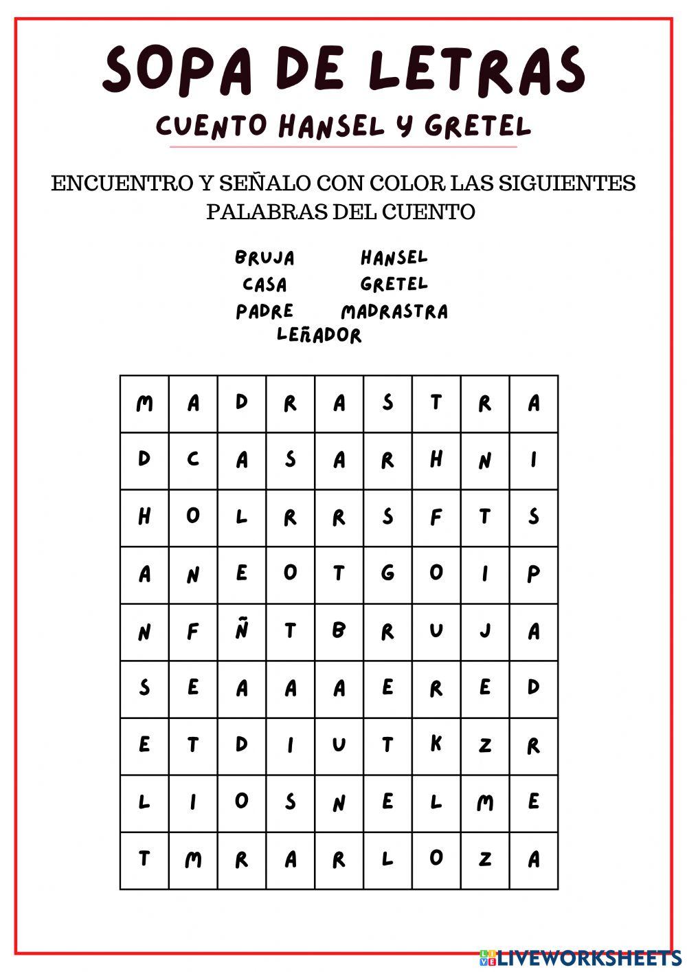 SOPA DE LETRAS tema: Cuento tradicional Hansel y Gretel