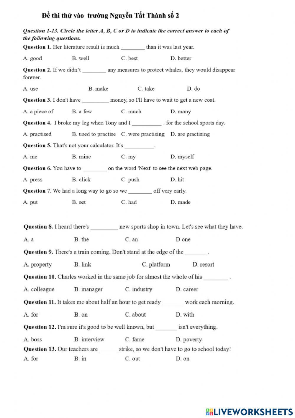 Đề thi thử trường Nguyễn Tất Thành số 2