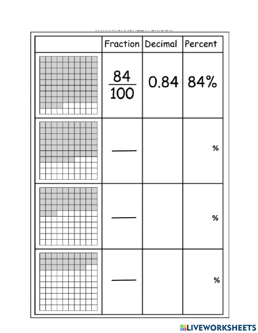 PERCENTAGE, DECIMAL AND FRACTION online exercise for | Live Worksheets