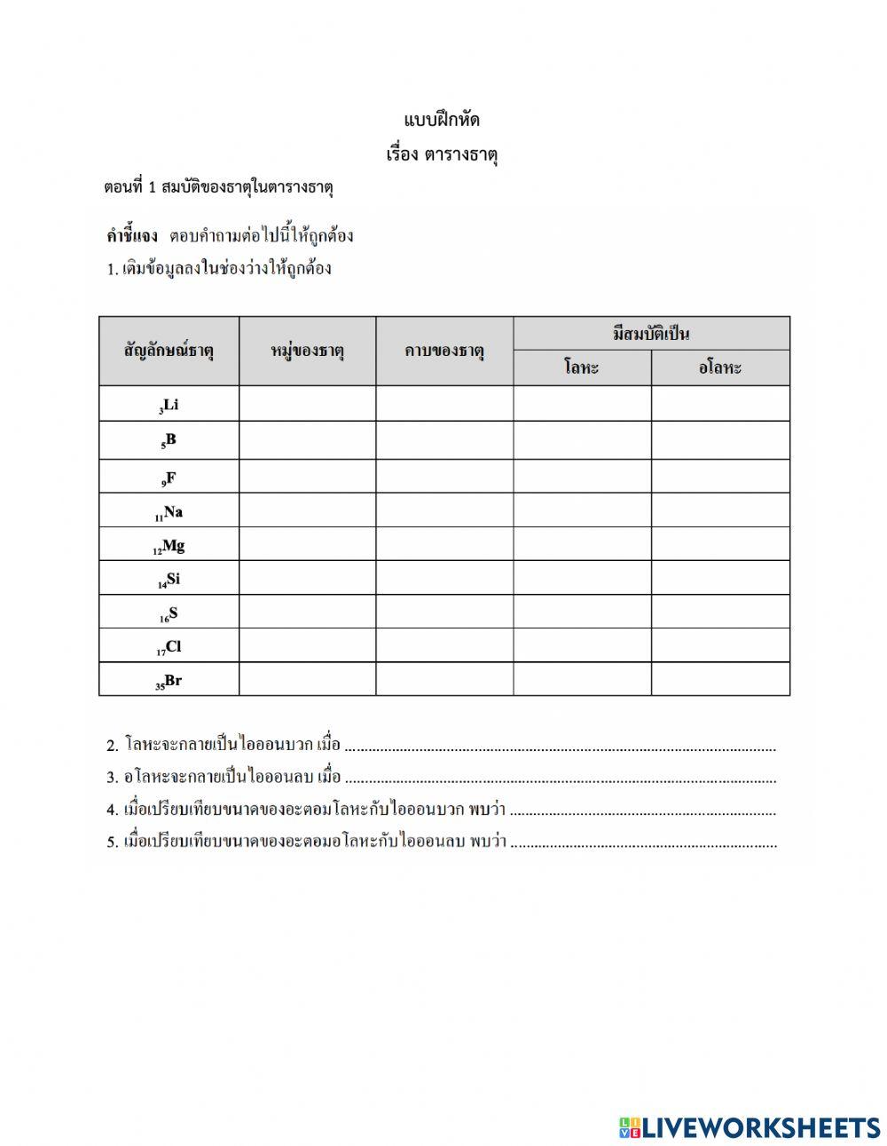 แบบฝึกหัด เรื่อง ตารางธาตุ