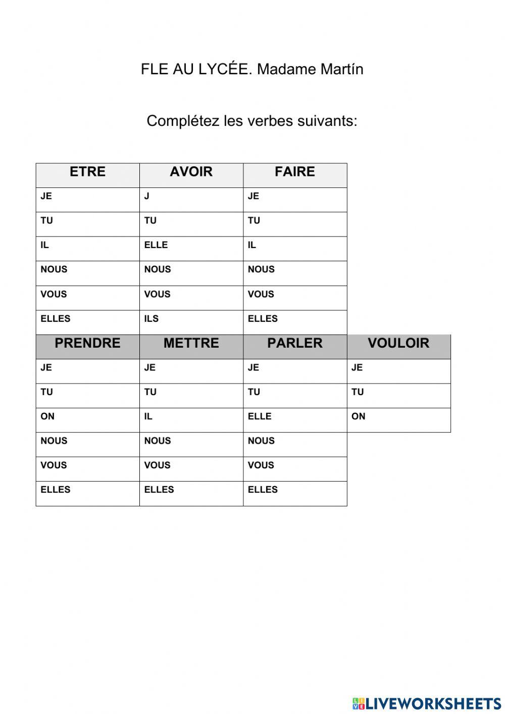 Verbes irréguliers présent - 1º ESO