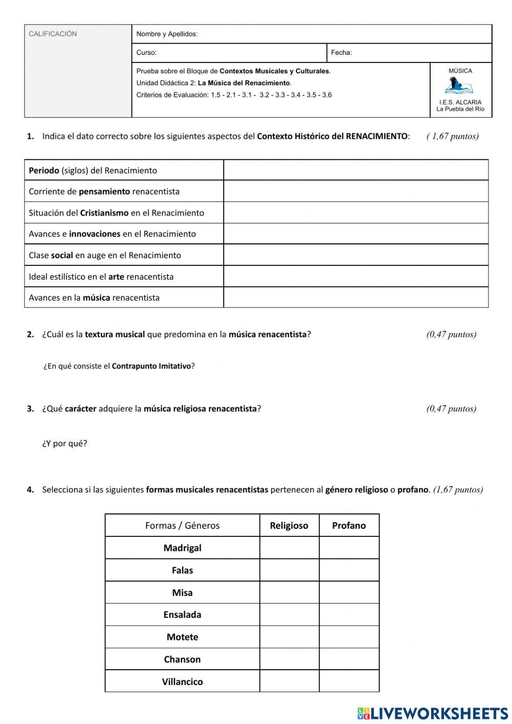 Examen Música del Renacimiento (contextos) Examen Música del Renacimiento (contextos)