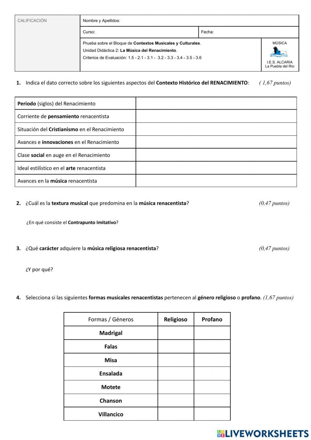 Examen Música del Renacimiento (contextos)