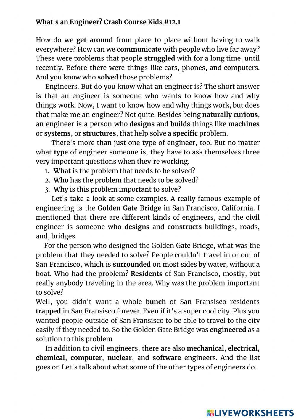 What's an Engin… | Free Interactive Worksheets | 7183385