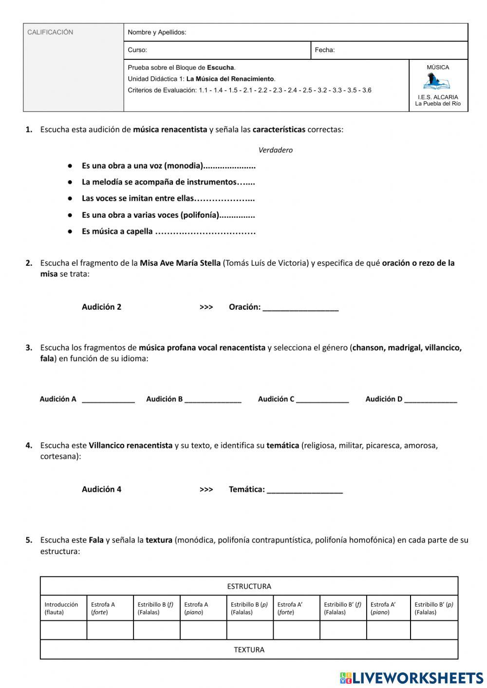 Examen Música del Renacimiento (escucha) Examen Música del Renacimiento (escucha)