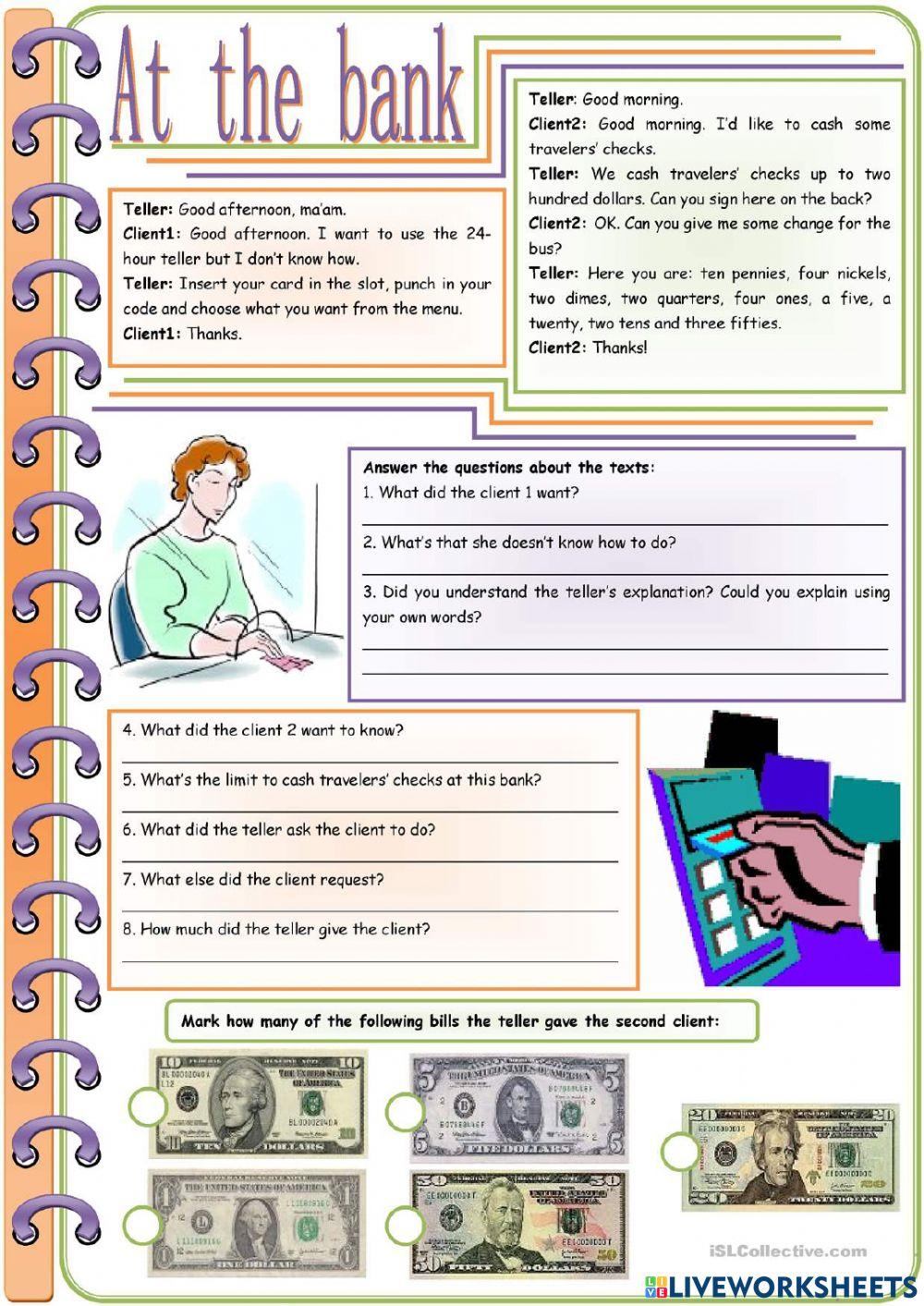 At the bank level 3 online exercise for live worksheets