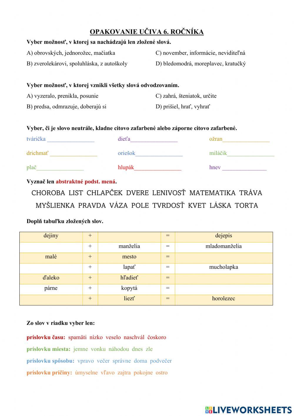 Opakovanie učiva 6. ročníka