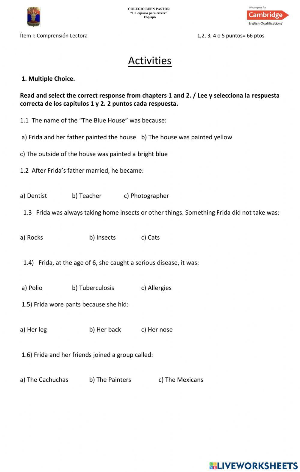 Reading Comprehension Assessment Who was Frida Kahlo Row A