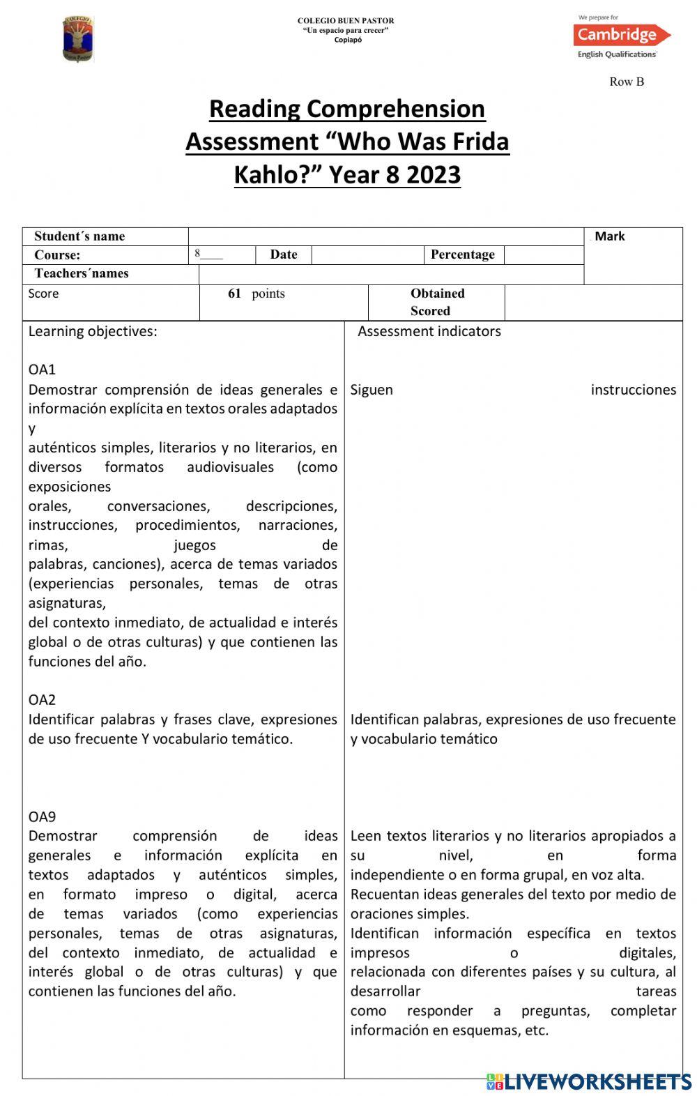 Reading Comprehension Assessment Who was Frida Kahlo Row B