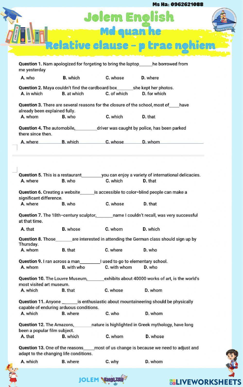 Menh de quan he -phan trac nghiem