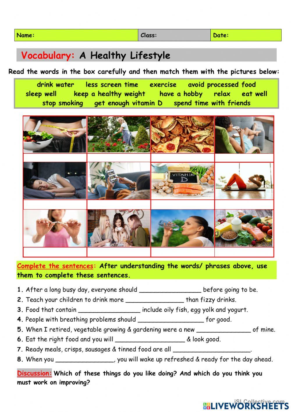 Healthy living online exercise for live worksheets