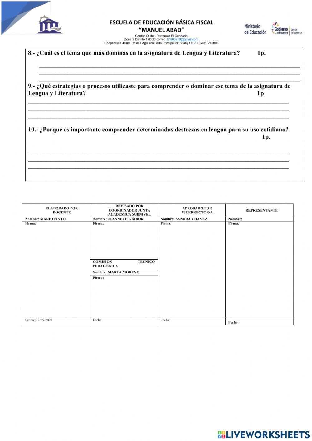 Evaluación del segundo quimestre