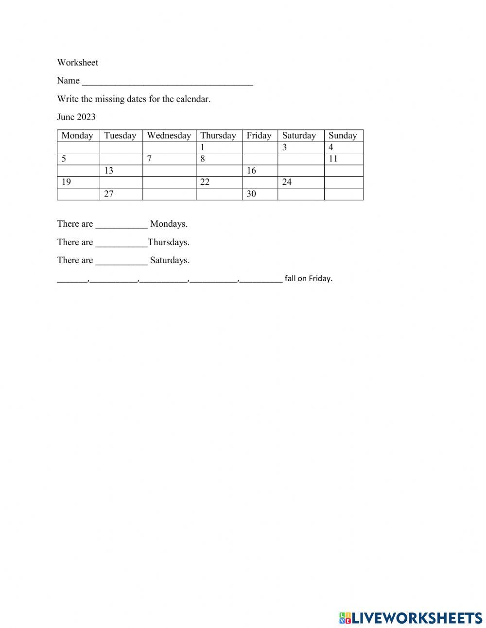 Liveworksheets On Calendar Grade 1