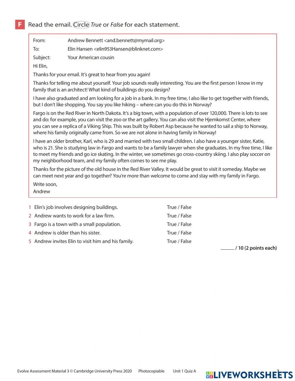 Evolve 3 Unit 1 Quiz