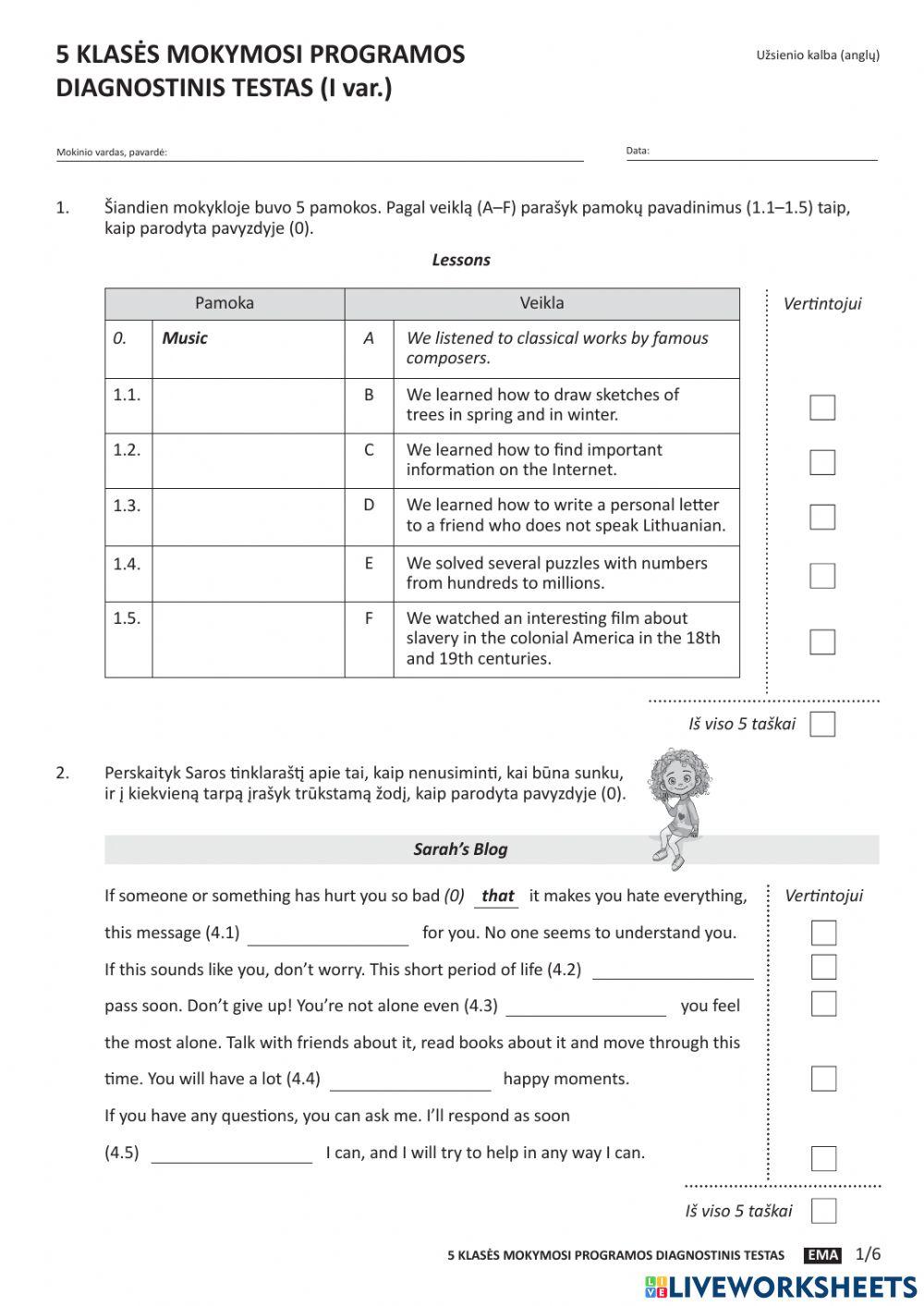 5 klasės mokymosi programos diagnostinis testas