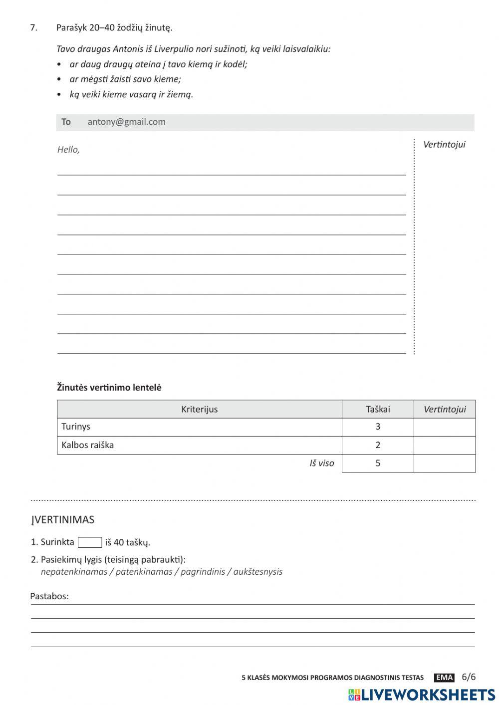5 klasės mokymosi programos diagnostinis testas