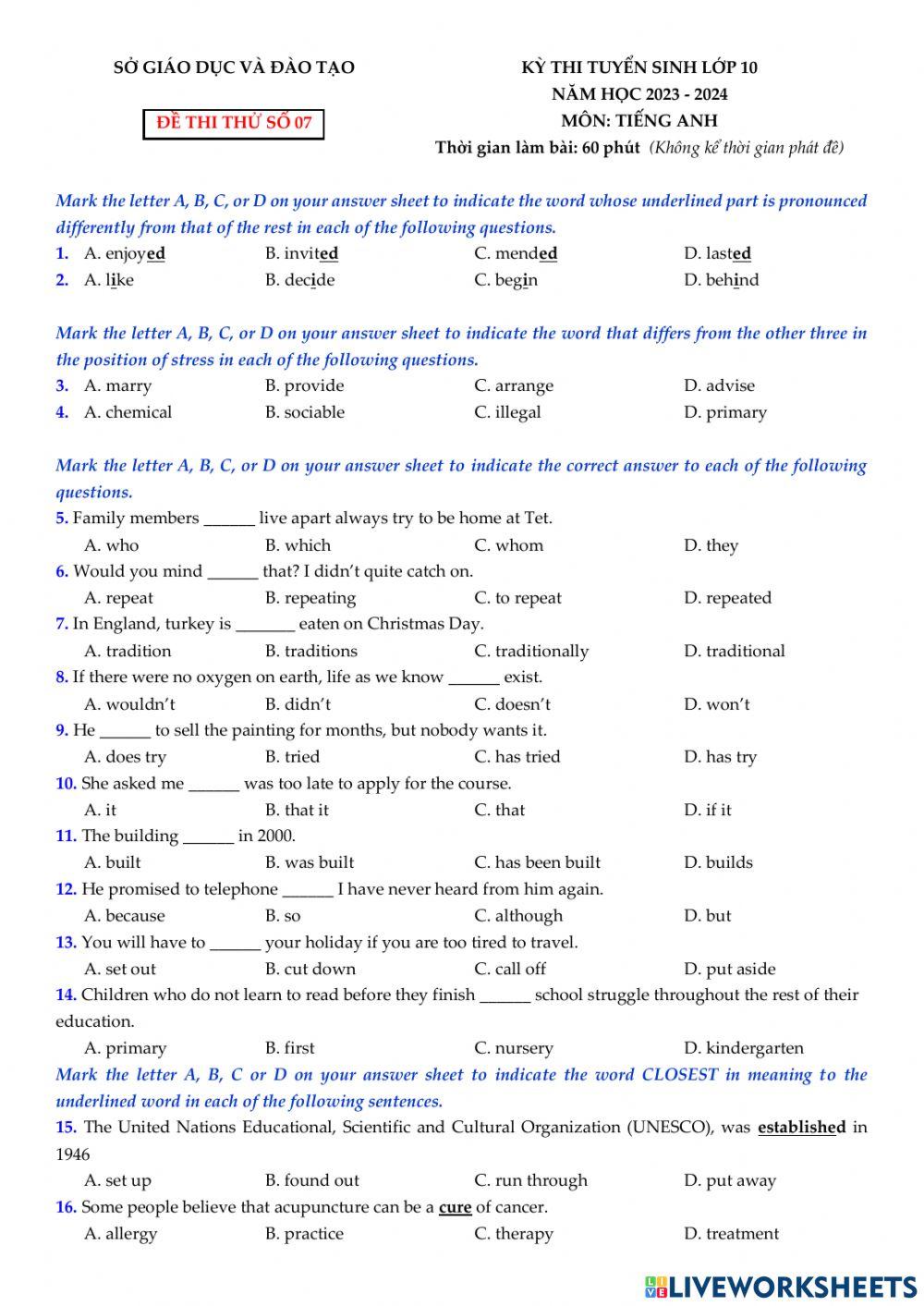 E9 Đề thi thử Bảy