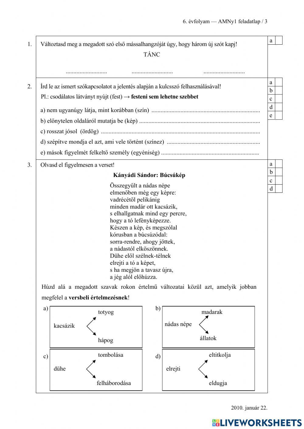 Felvételi magyar 6. o.