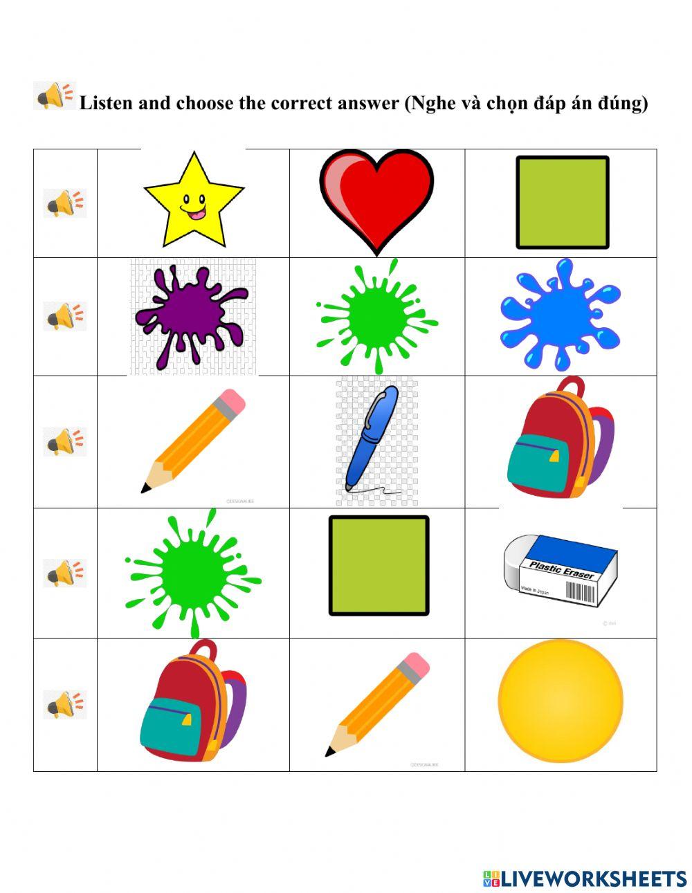 Revision: Shapes, colours, school supplies