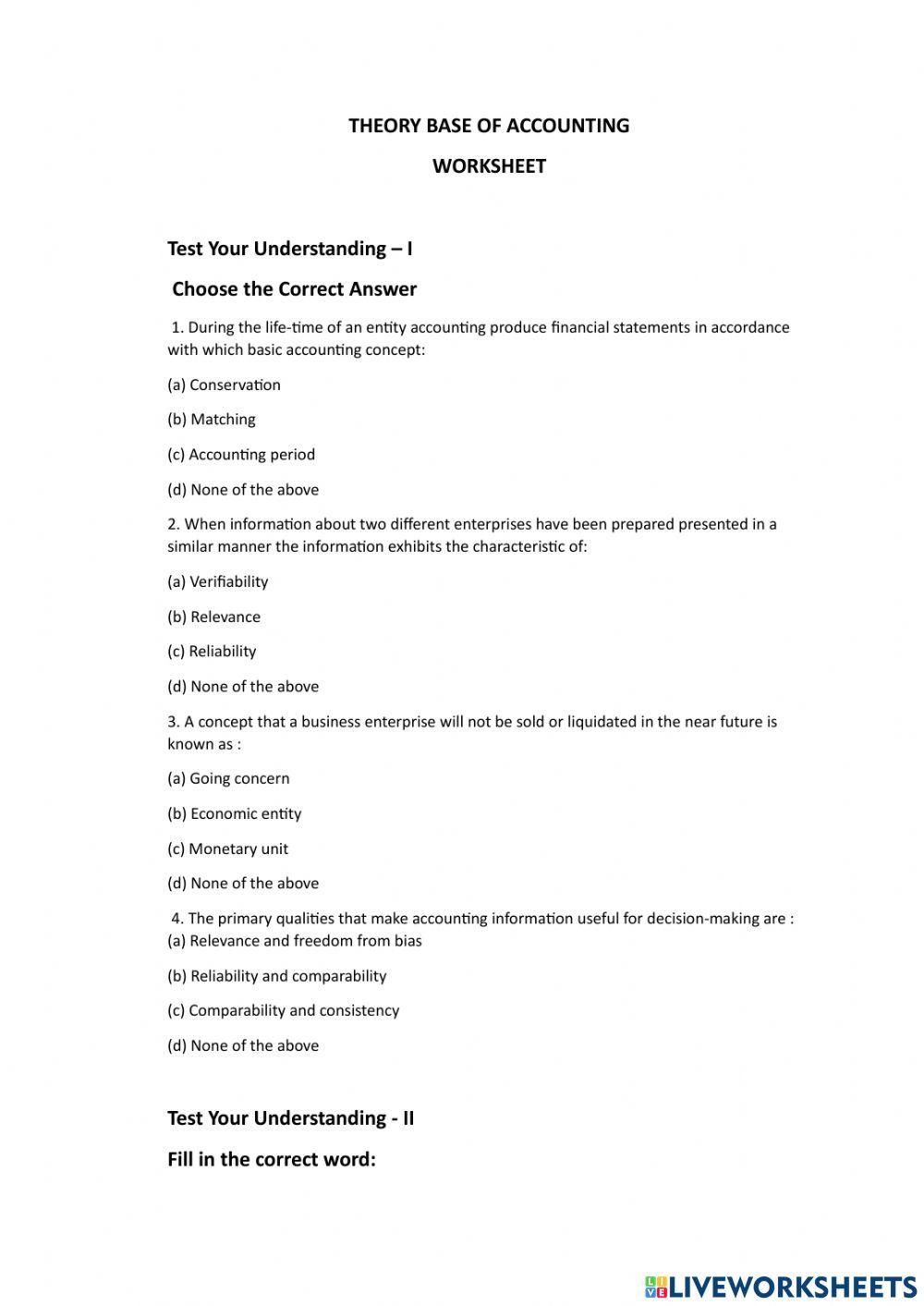 Basic accounting concept worksheet online exercise for live worksheets