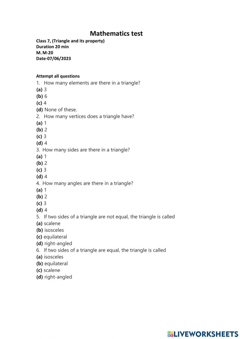 class 7 mathematics test online exercise for | Live Worksheets