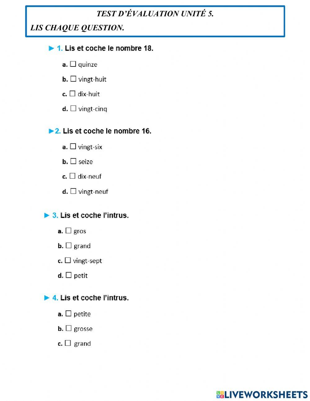 Évaluation unité 5, test