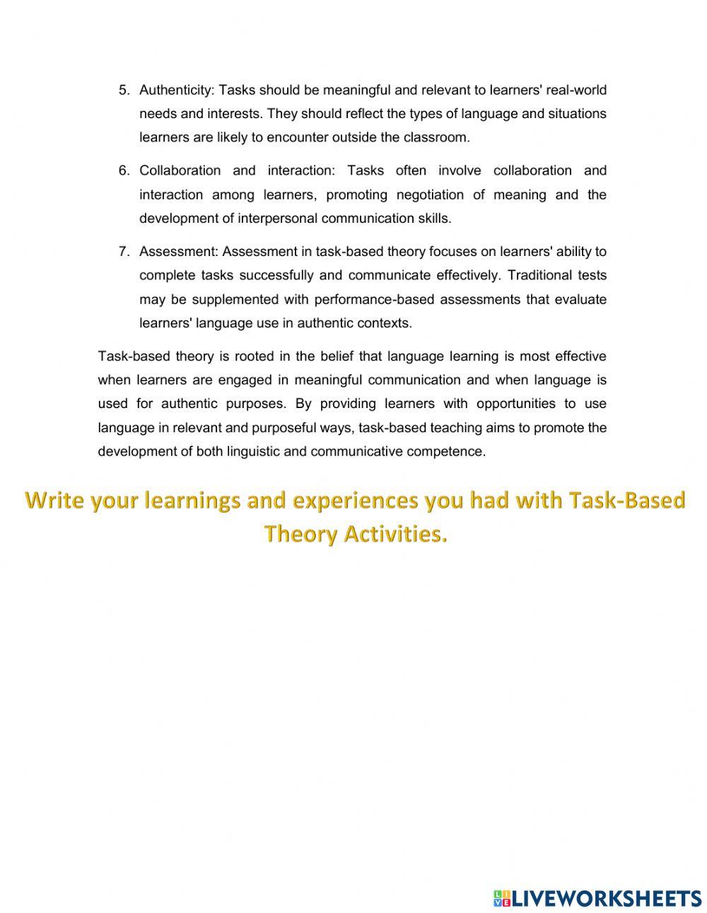 Task Based Learning Theory 2023